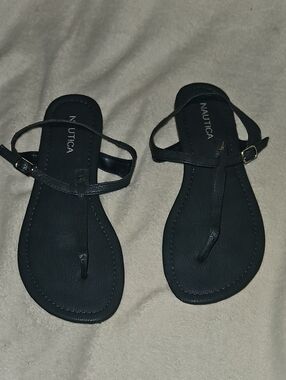 Womens Nautica Navy Pebble Faux Leather T-Strap Adjustable Ankle Strap Sandals